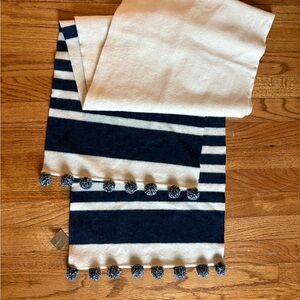 J Crew Striped Navy and Cream Scarf with Pom Poms, NWT